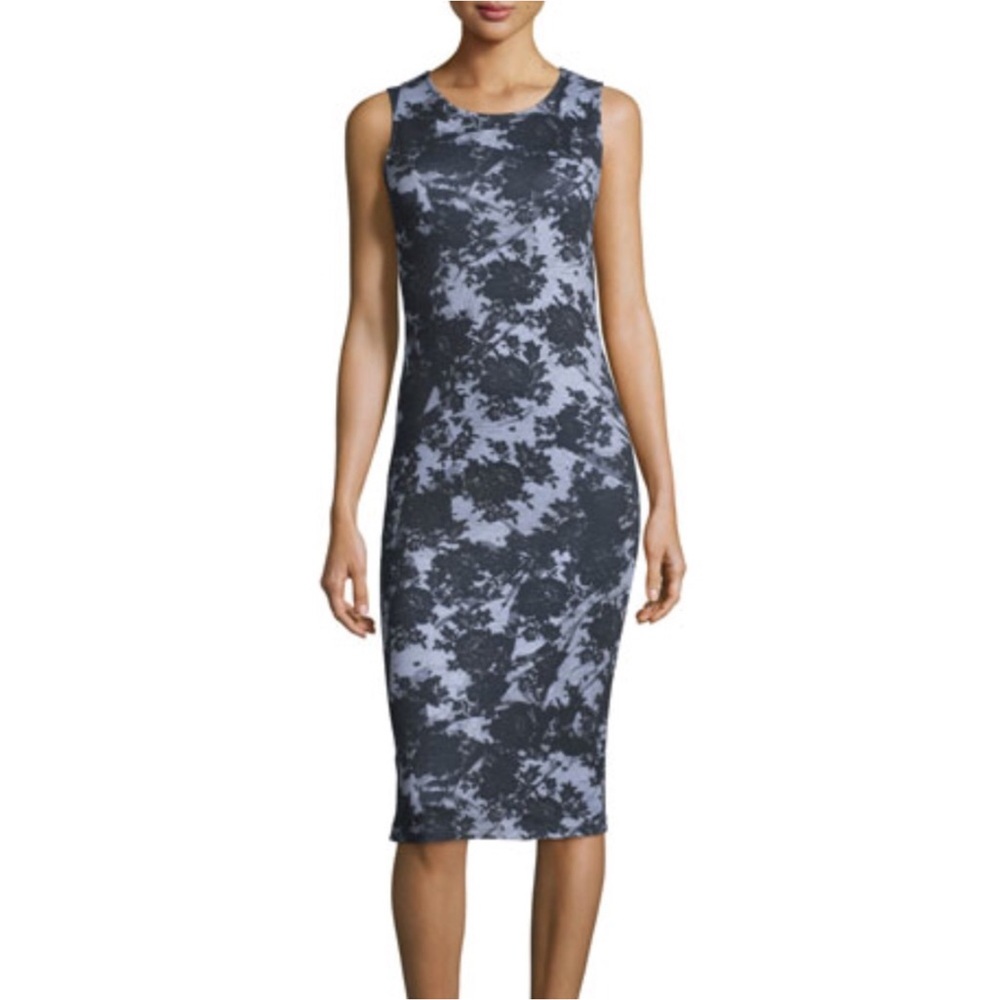 McQ by Alexander McQueen bodycon dress with lace print. Black and grey
